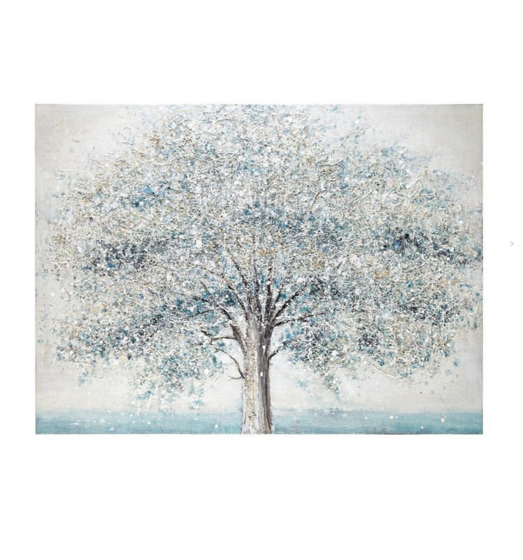 Quadro olio su tela fatto a mano raffigurante albero innevato con elementi in rilievo